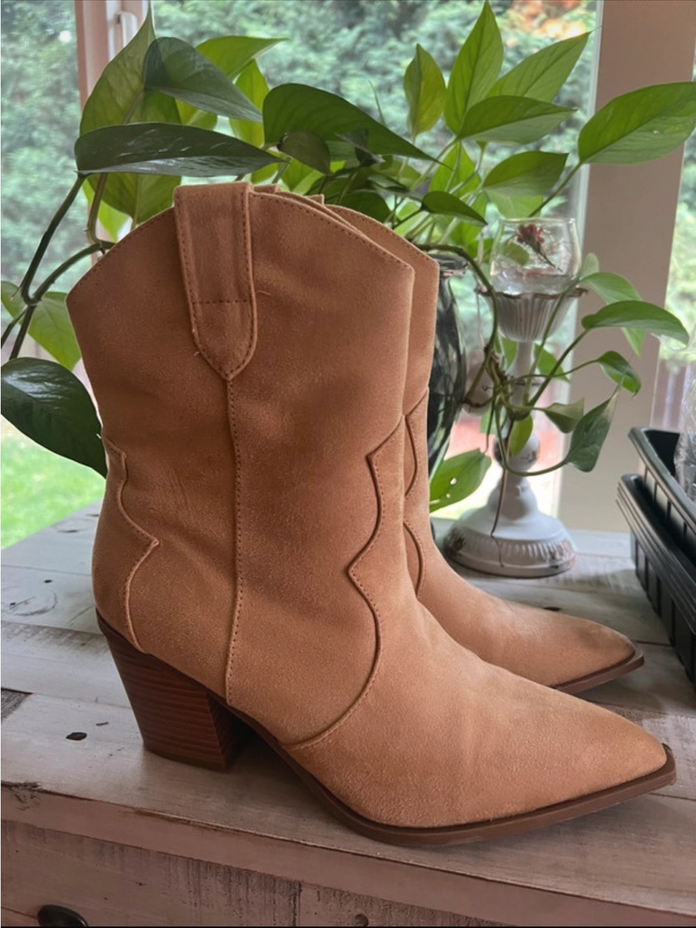 Women's Tan Suede Western Ankle Boots - Pointed Toe Block Heel